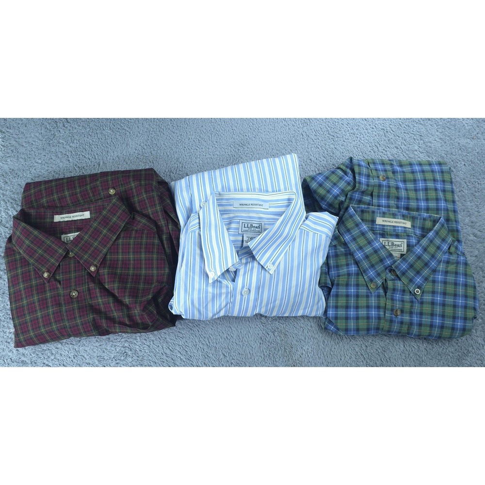 L.L.Bean Shirt Mens Large Multicolor Plaid Striped Button Up Wrinkle Lot 3